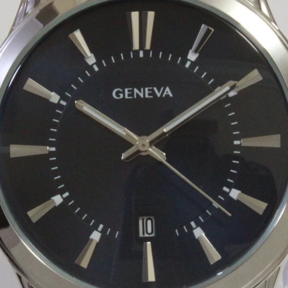 Geneva Men's Dress Watch Silver Tone Navy Blue Dial Brown Strap 42mm